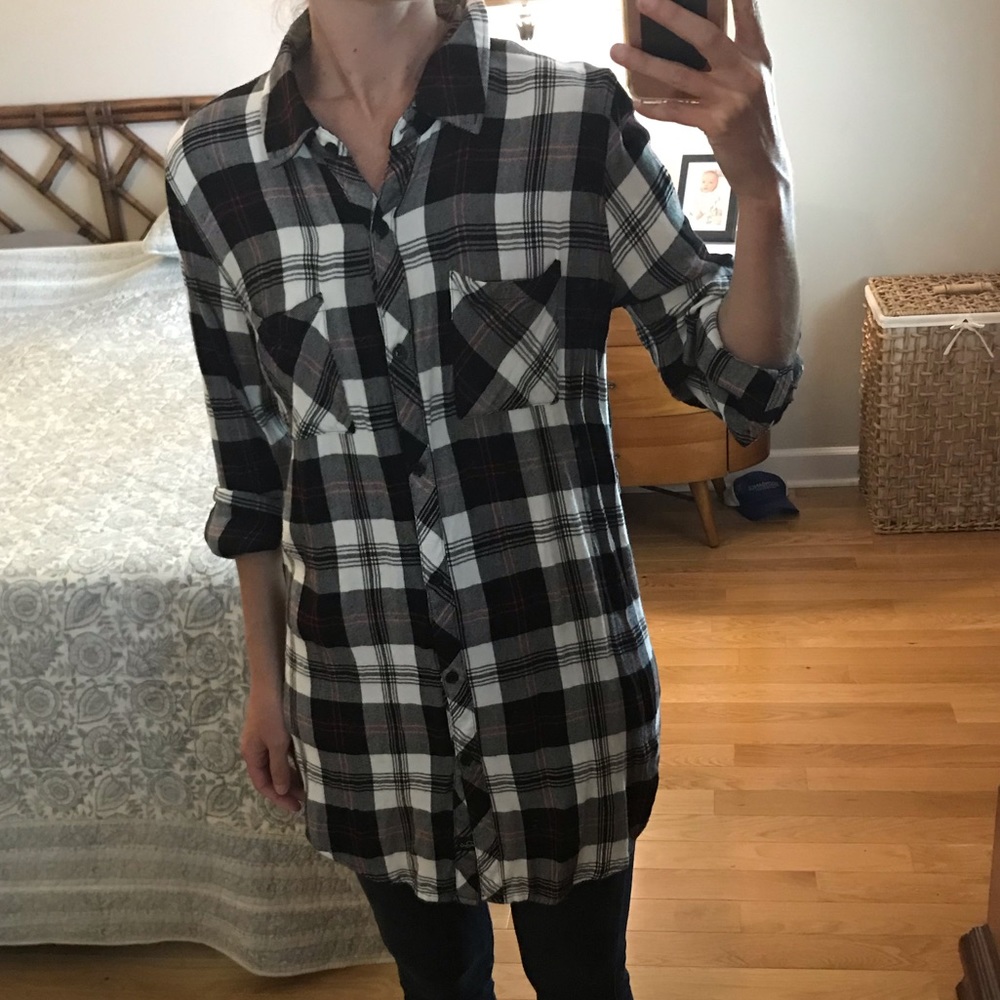 Rails Black White Red Plaid Button Up Tunic